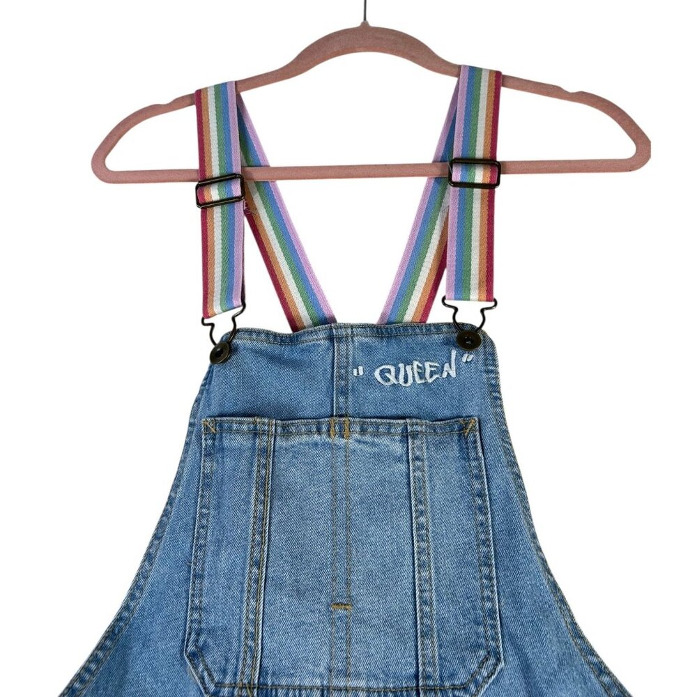 Jean Overalls Shorts Denim Target Pride Rainbow Queen Women's Sz XS Adjustable - Picture 3 of 7